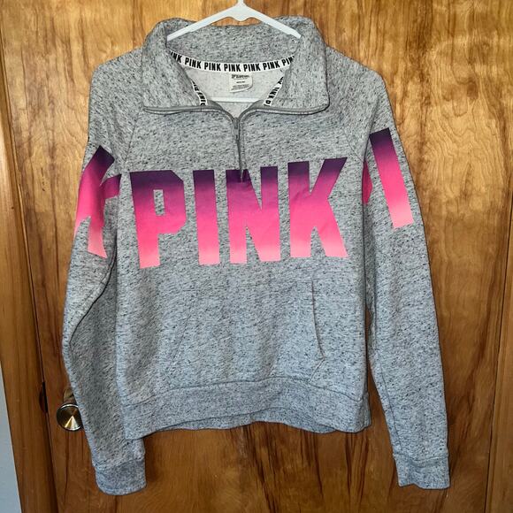 Gray Pink Colorful Victoria’s Secret Pink Quarter Zip Hoodie Size Medium - Picture 1 of 7